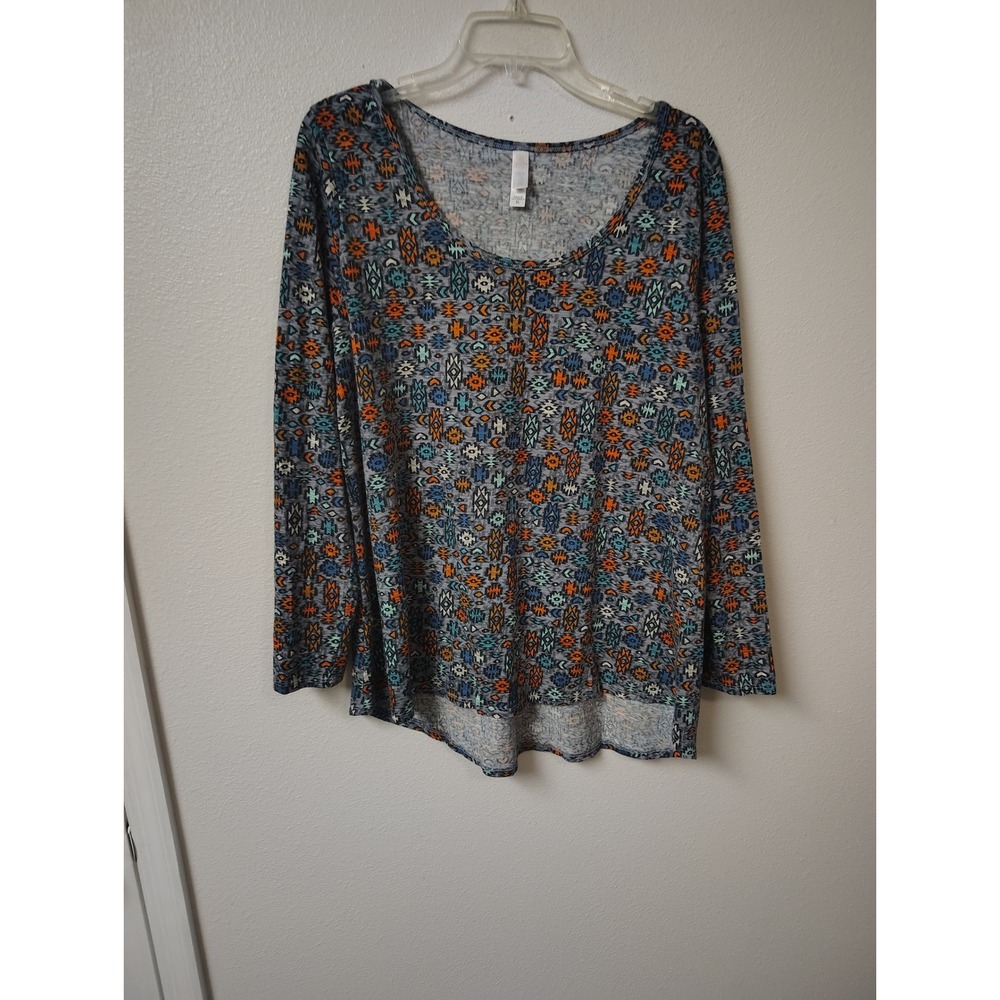 LuLaRoe Amy Top Womens XL Grey Aztec Geometric Print Long Sleeve High Low Hem